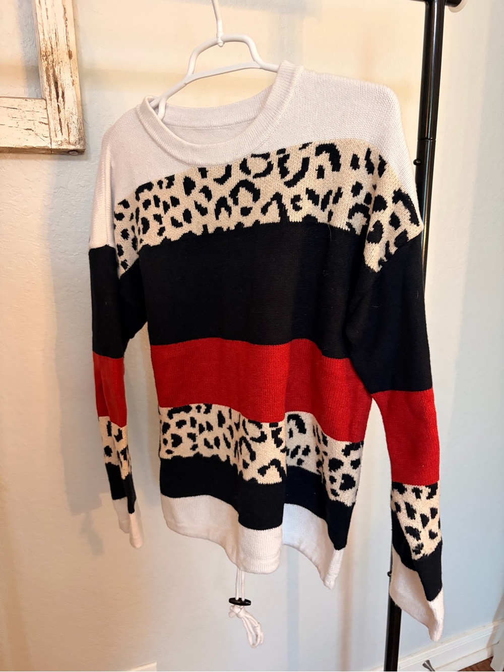 Women's Colorblock Leopard Stripe Sweater - Red, Black & Cream
